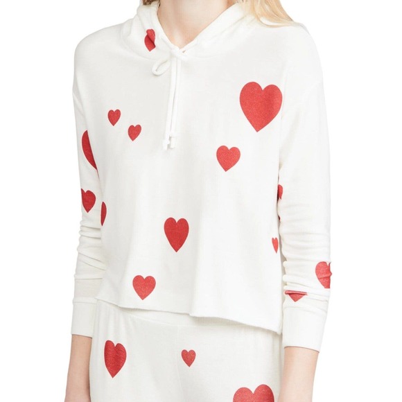 Chaser Women Pullover Heart Print Hoodie Sweatshirt Top Ivory Knit Sz M Long Slv - Picture 1 of 6